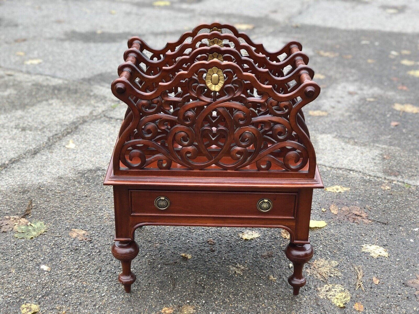 Mahogany Canterbury Magazine Rack With Drawer