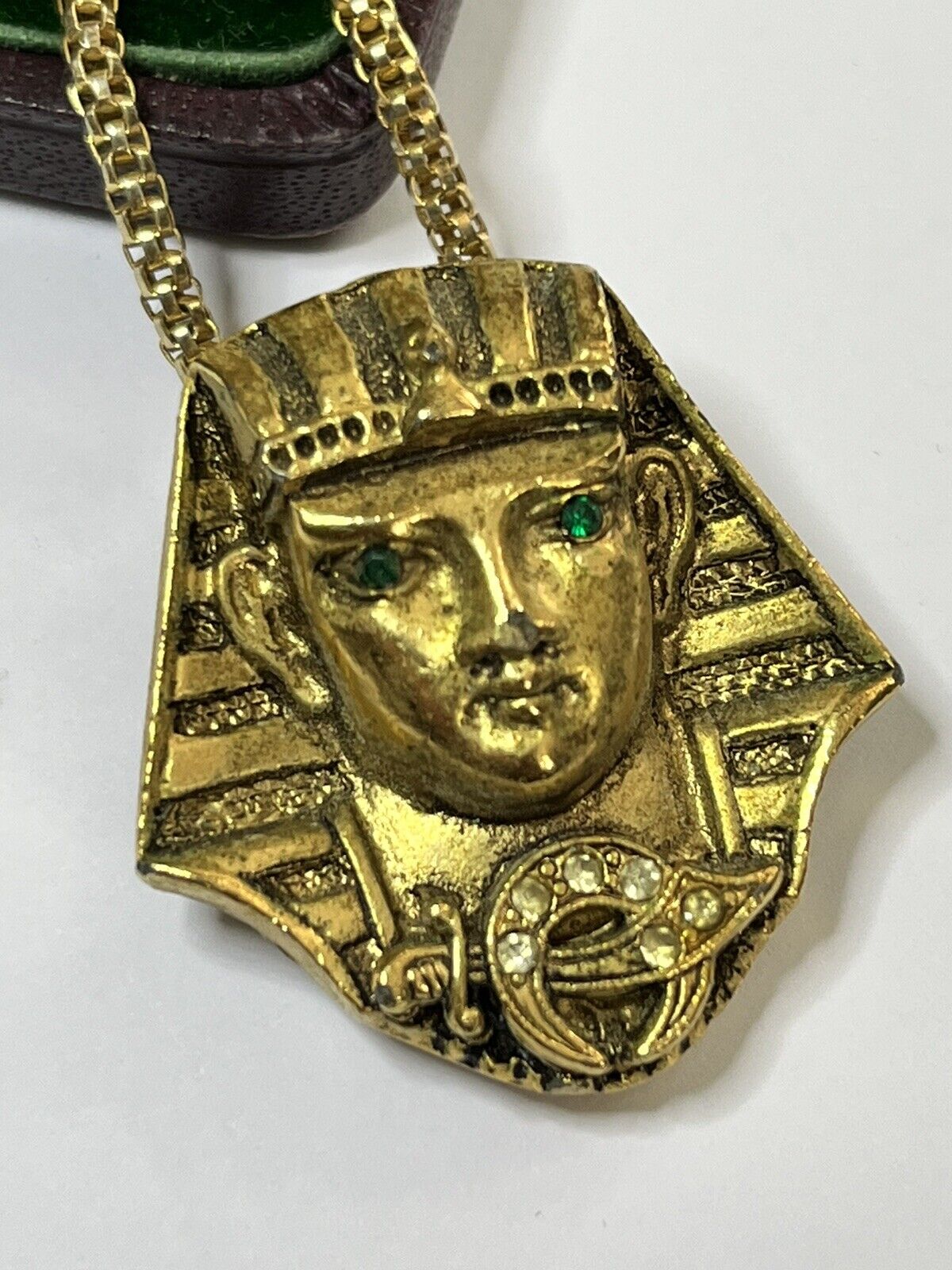 Vintage Gold Tone Green Diamanté Egyptian Pharaoh Pendant Necklace