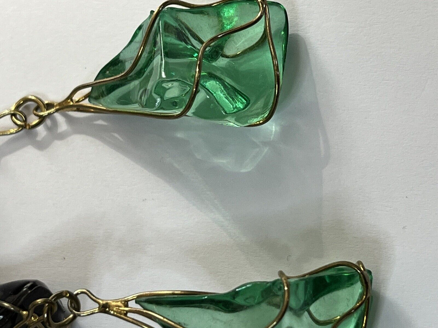 Vintage 1980s Black Green Acrylic Long Length Statement Earrings