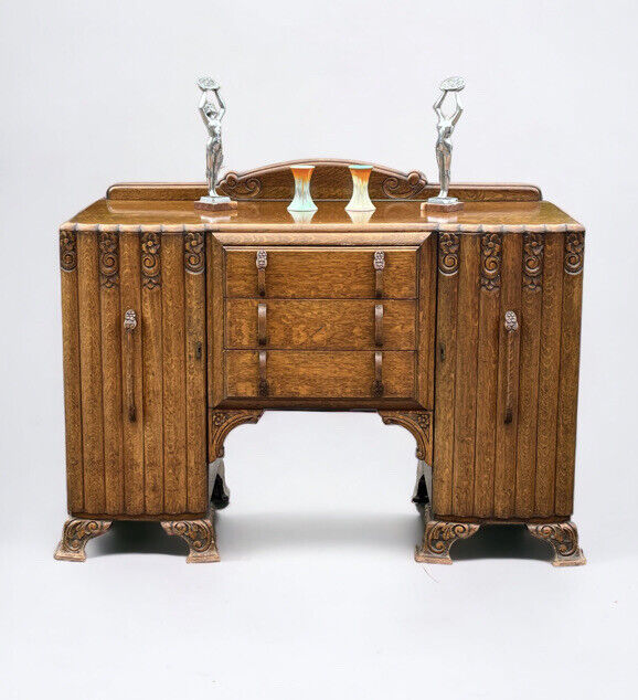 Art Deco Oak Sideboard. Circa 1930’s. Carved With Flowers . Lots Of Storage.