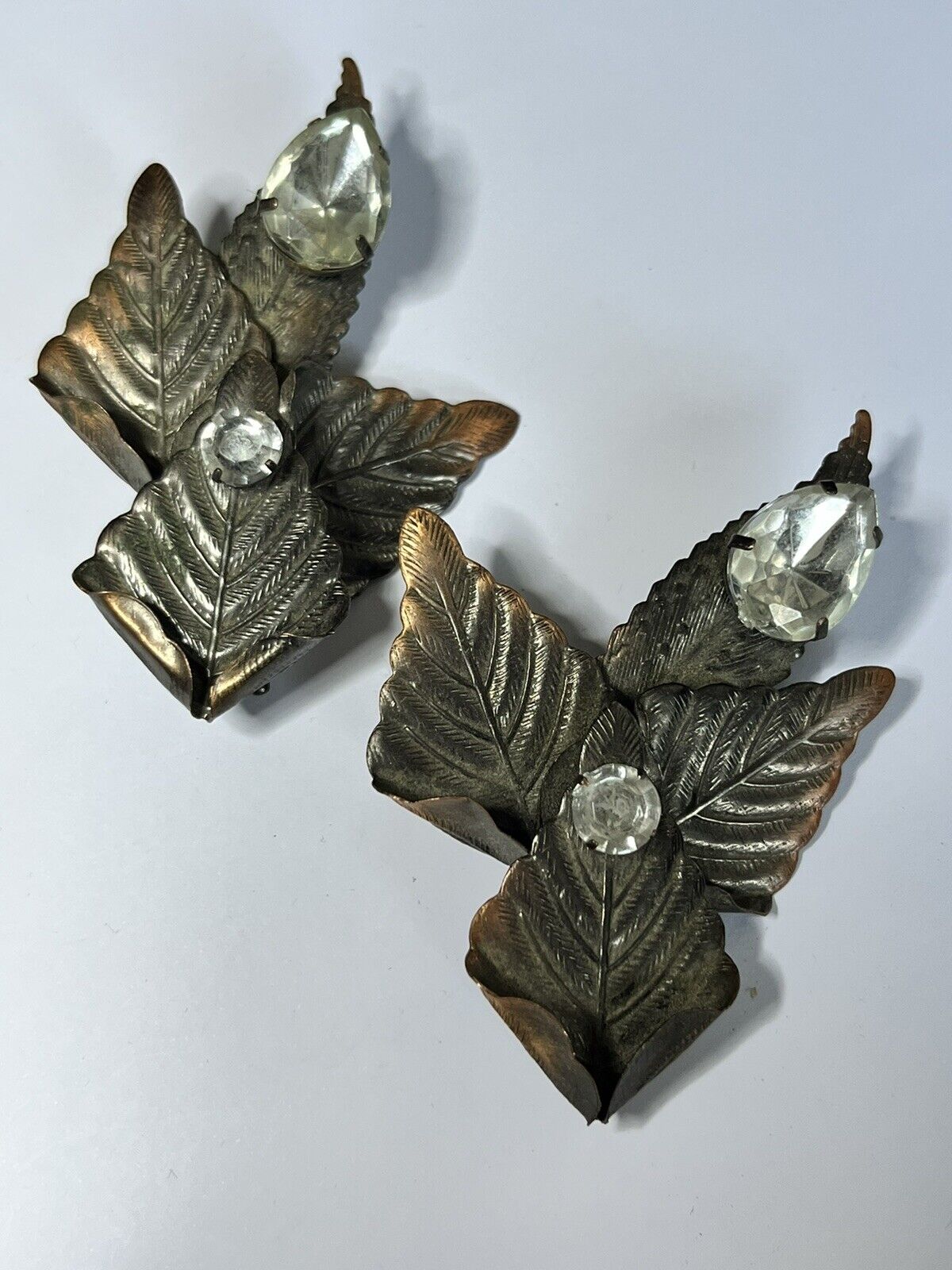 Vintage Statement Detailed Leaves Diamanté Clip On Earrings