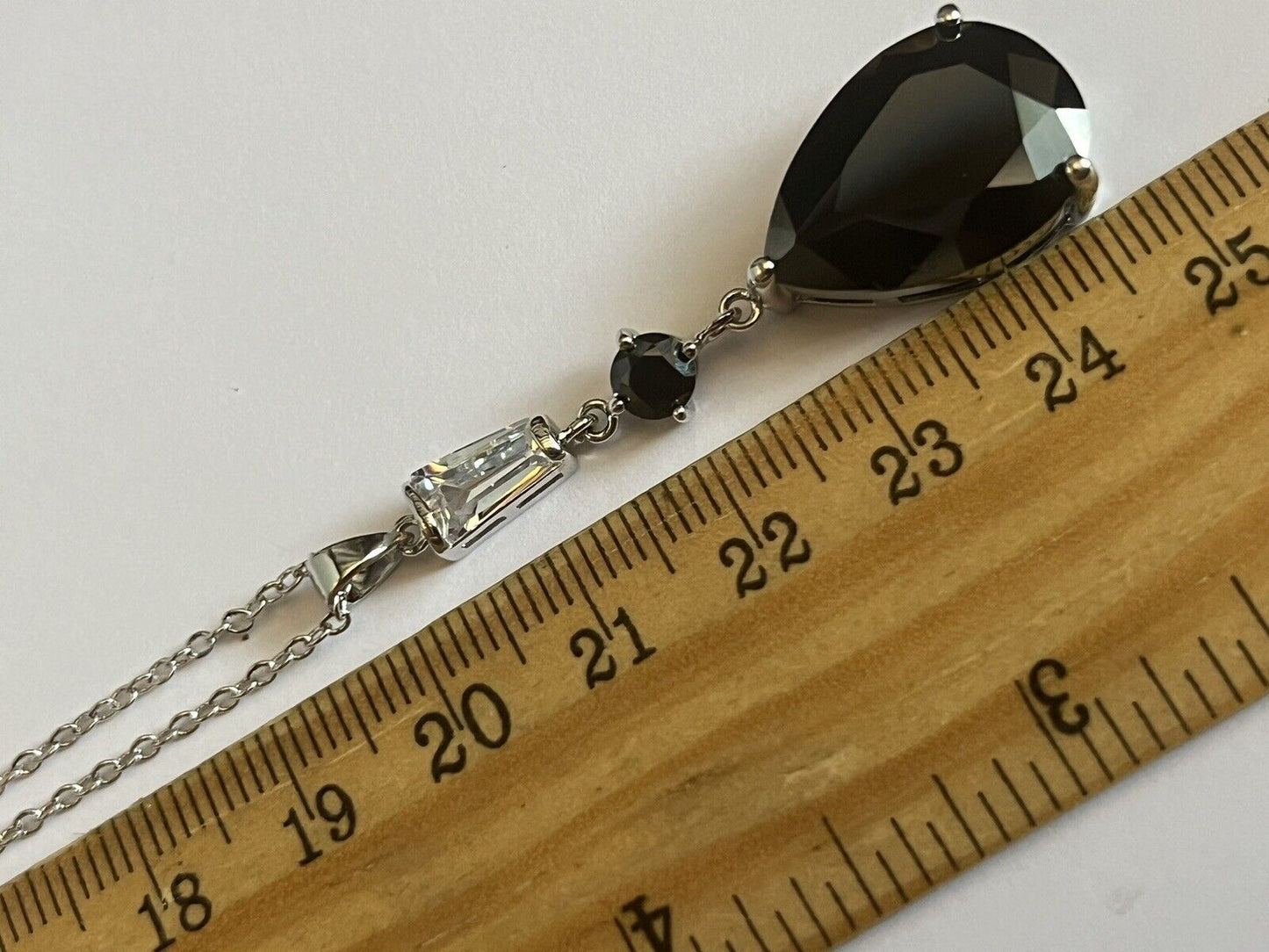 Vintage 1980s Rhodium Plated Black Clear Crystal Teardrop Necklace New Old Stock
