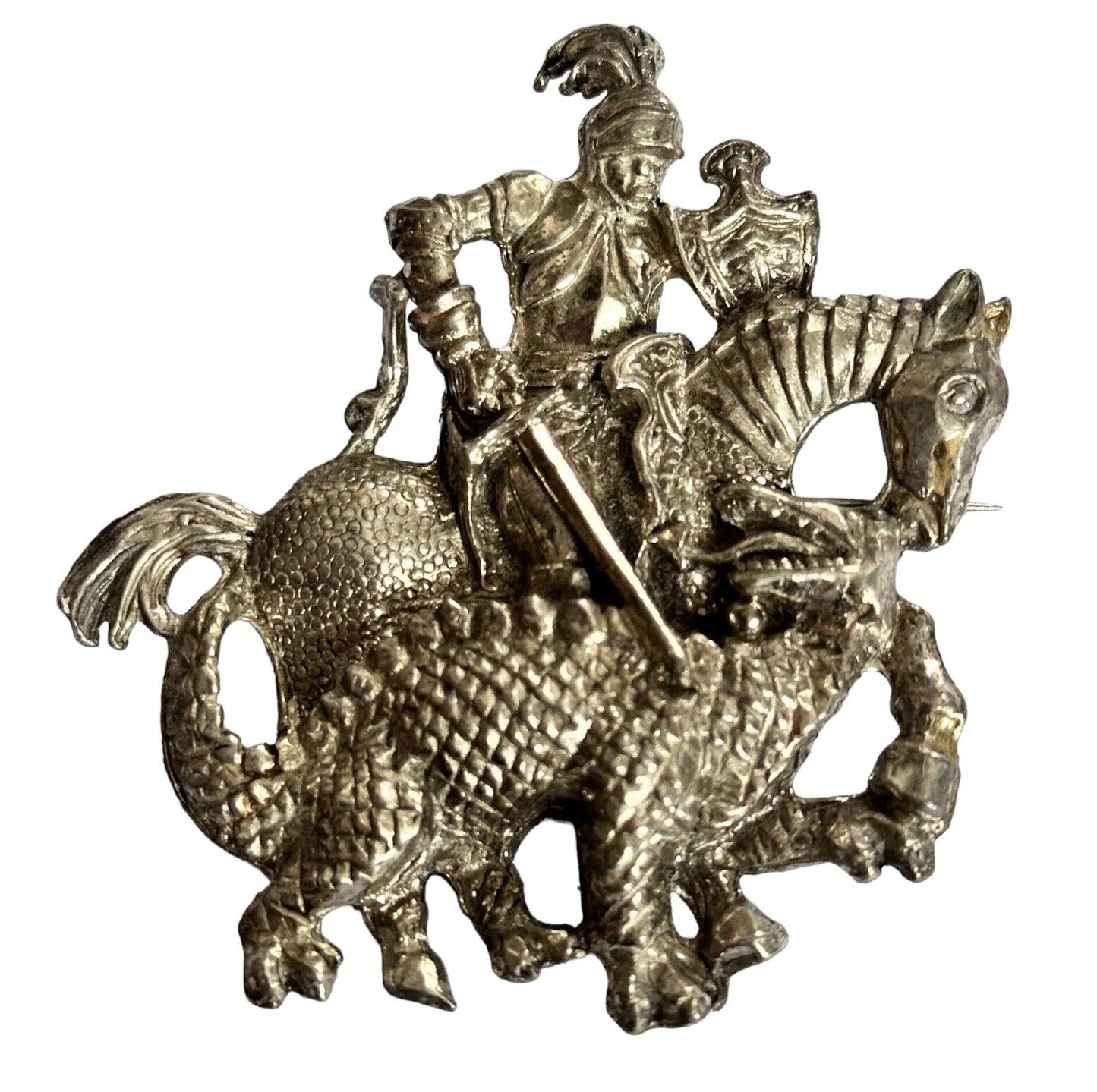 Vintage Silver Tone Knight Dragon Slayer Large Brooch