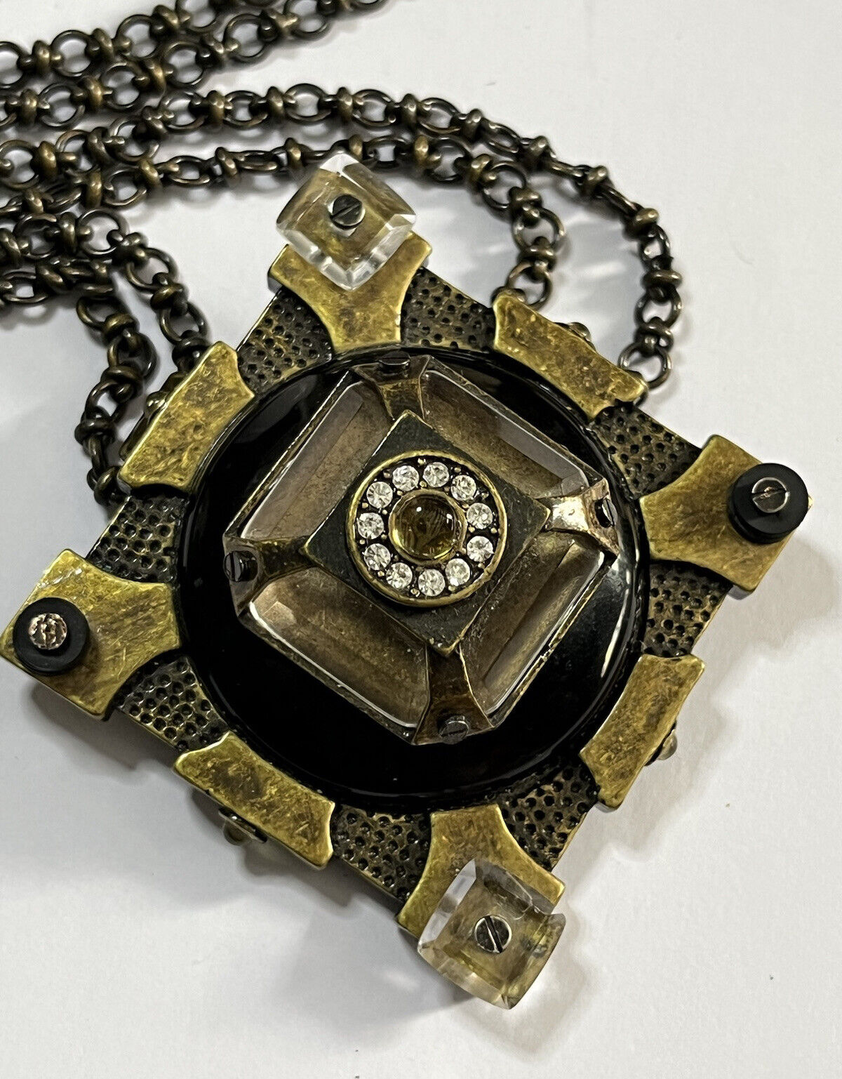 Vintage Statement Unique Metal Glass Brutalist Long Length Pendant Necklace