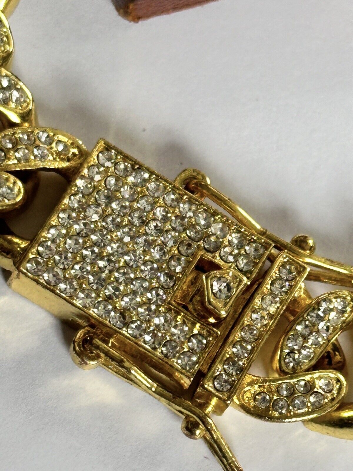 Vintage 1980s Gold Plated Diamanté Link Substantial Bracelet With Safety Catches