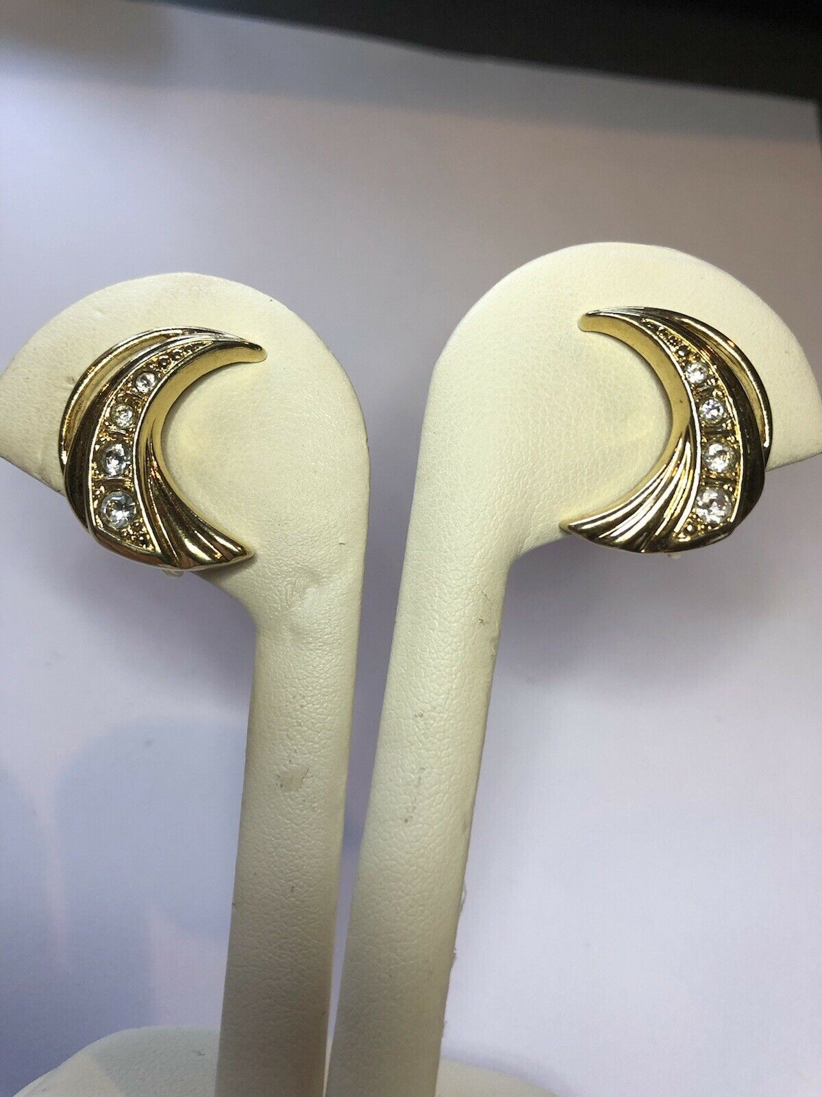 Vintage Gold Tone Diamanté Moon Clip On Earrings