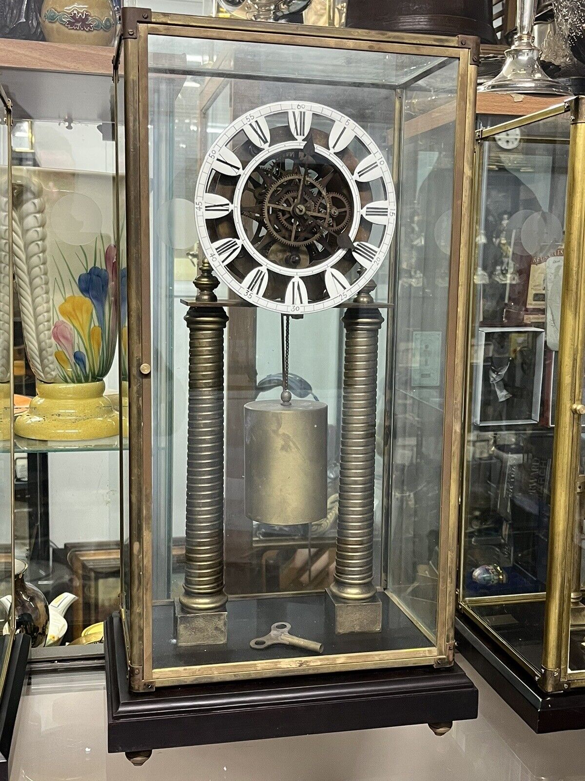 Skeleton Clock With Case And Key. Large & Impressive