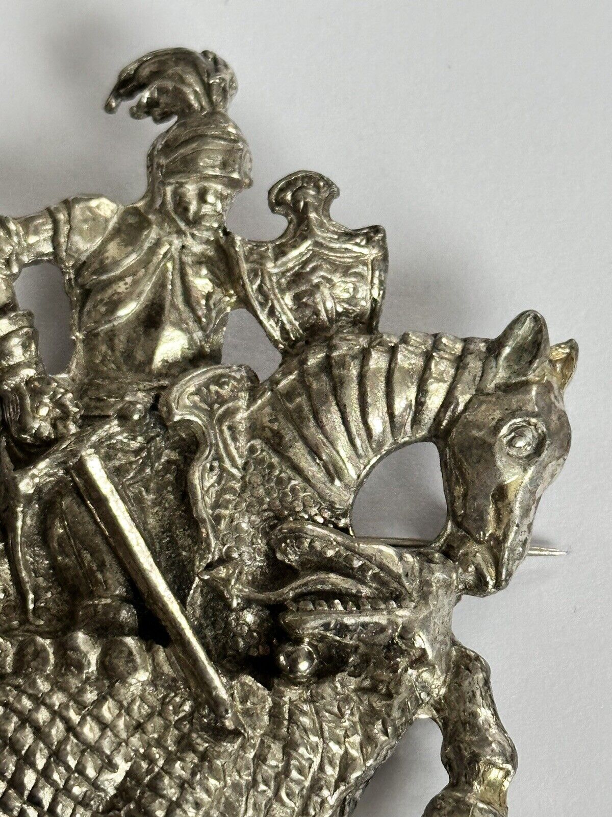 Vintage Silver Tone Knight Dragon Slayer Large Brooch