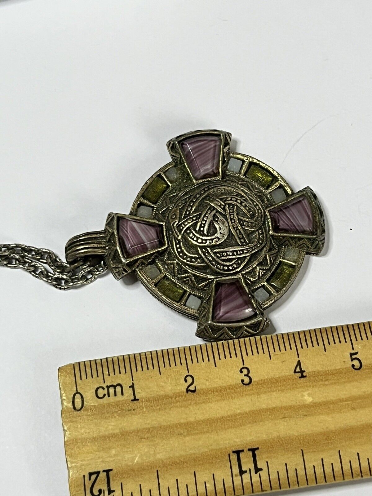 Vintage Miracle Signed Purple Green Glass Celtic Necklace