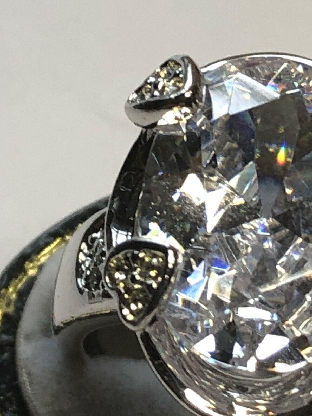 Vintage Rhodium Plated Oval Hearts Cubic Zirconia Statement Ring