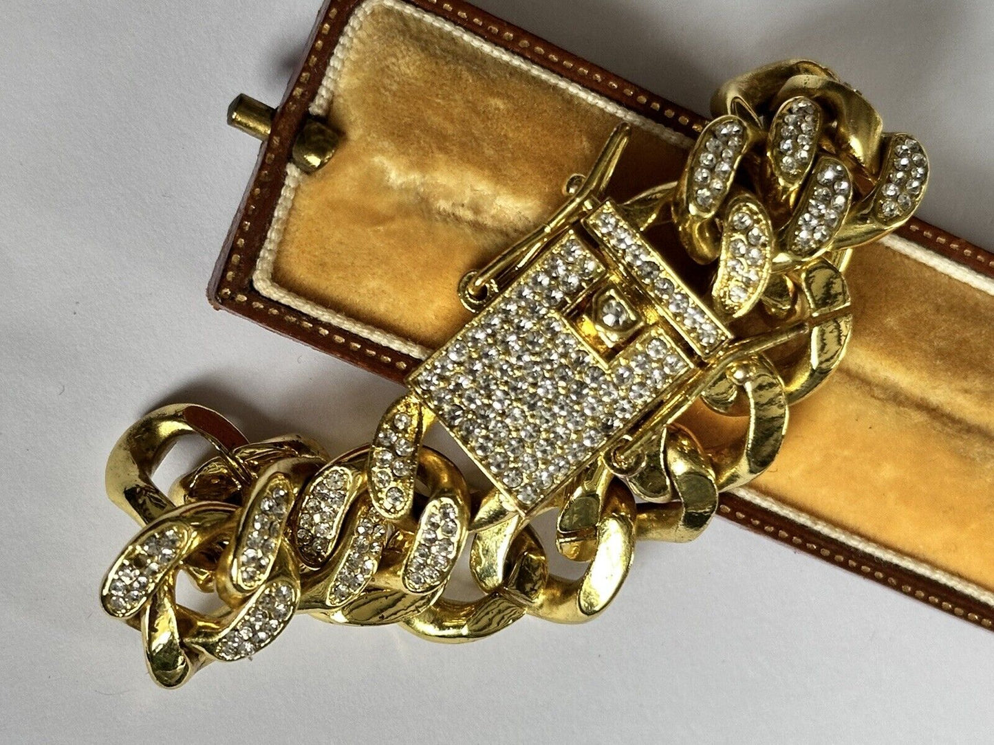 Vintage 1980s Gold Plated Diamanté Link Substantial Bracelet With Safety Catches