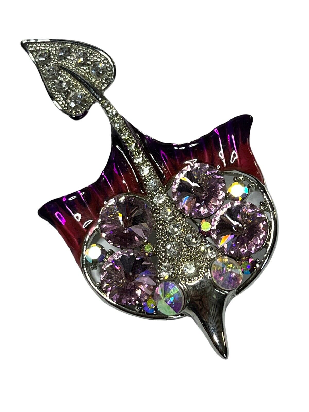 Vintage Silver Tone Purple Enamel Stingray Brooch