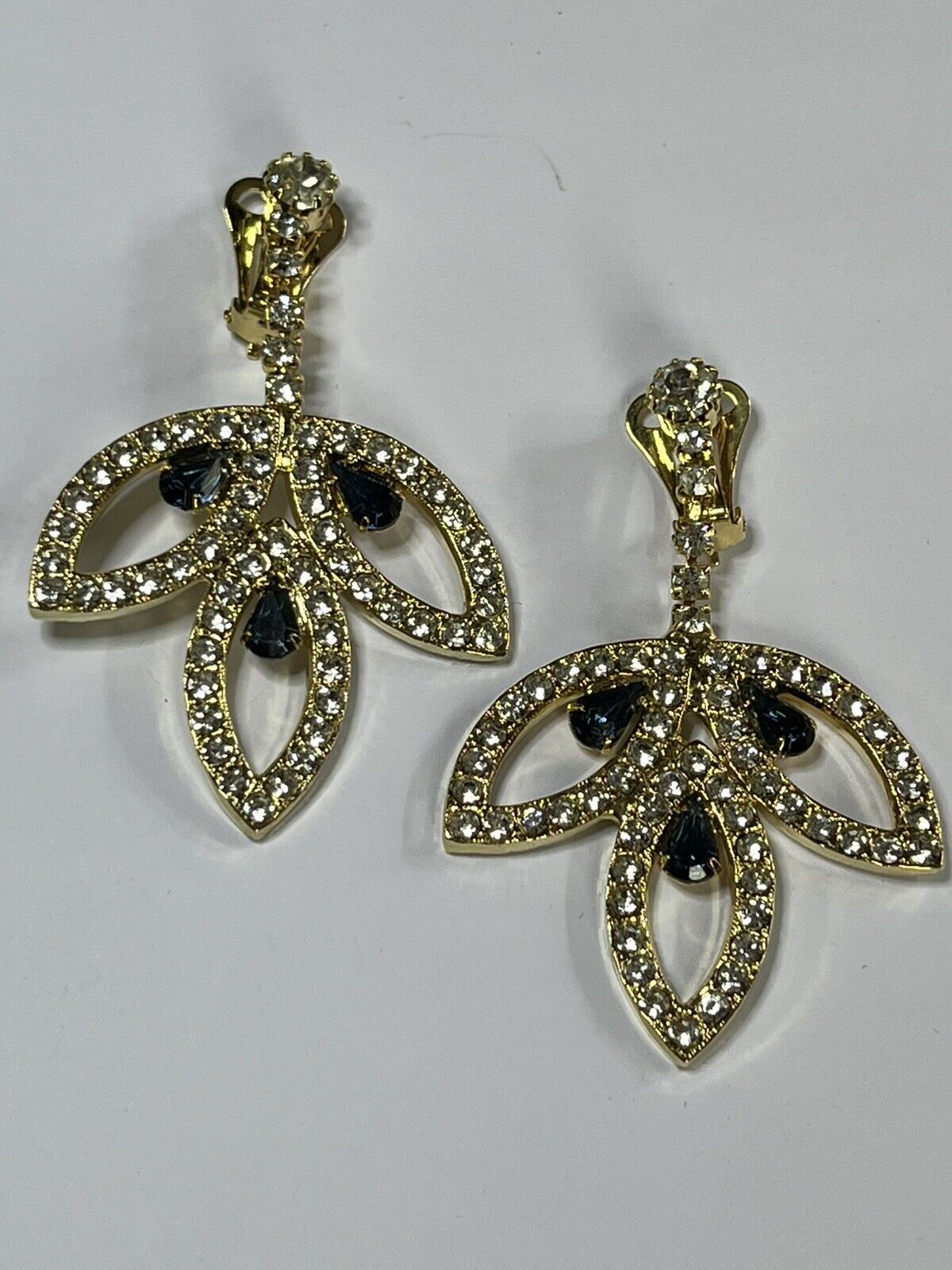 Vintage Gold Tone Blue Clear Diamanté Drop Clip On Earrings