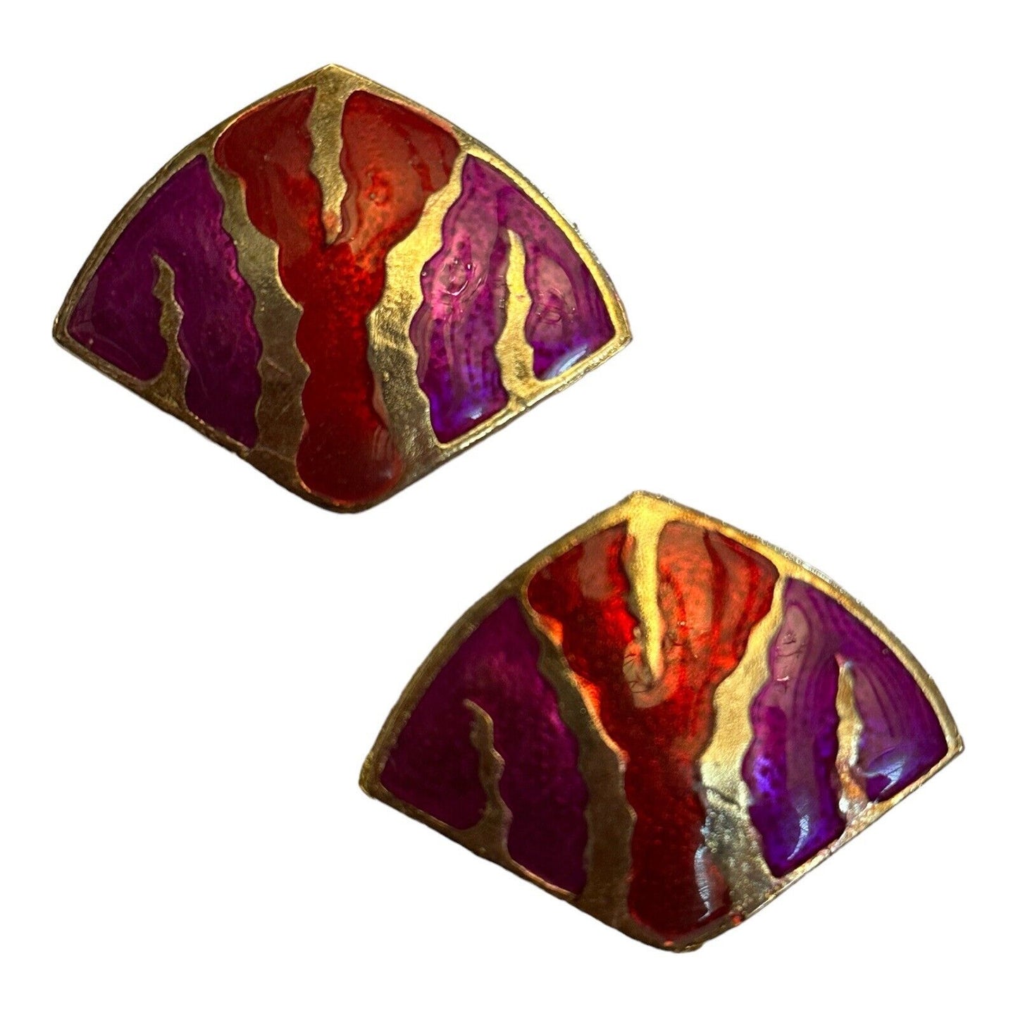 Vintage Gold Tone Red Pink Enamel Statement Earrings