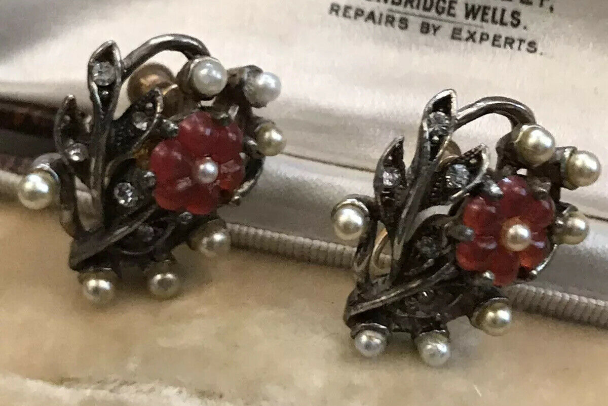 Vintage Paste Faux Pearl Diamanté Red Lucite Screwback Earrings