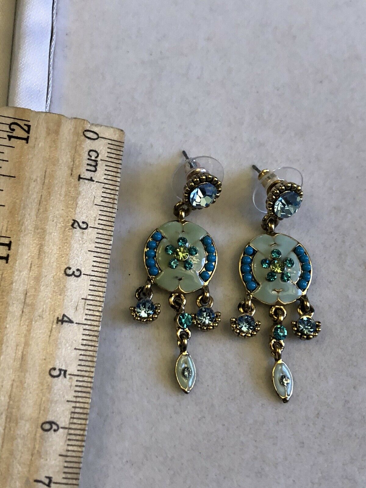 Vintage Enamelled Flowers Blue Greens Diamanté Drop Earrings