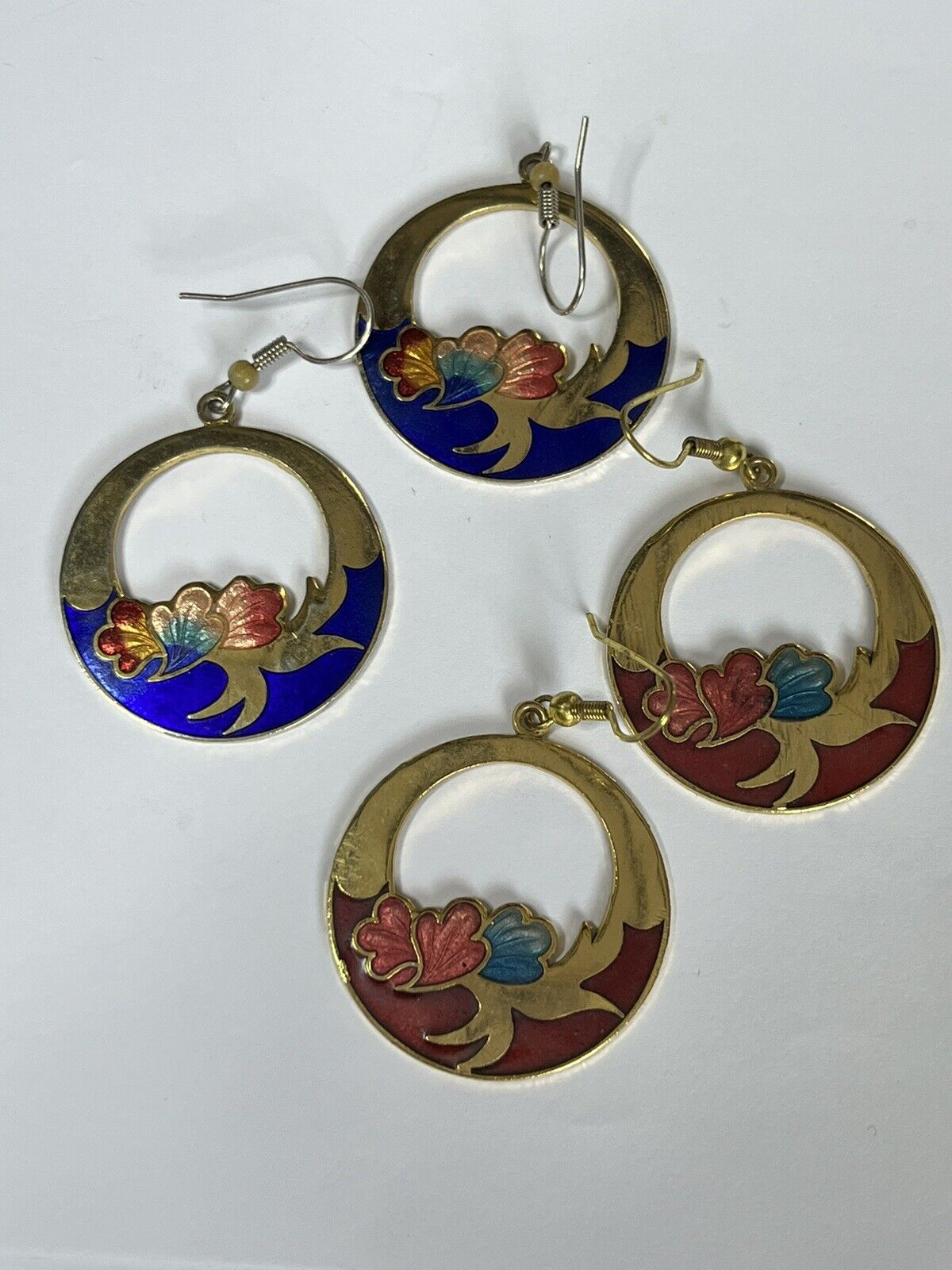 Vintage Enamel Cloisonné Hoop Drop Earrings Set Of Two