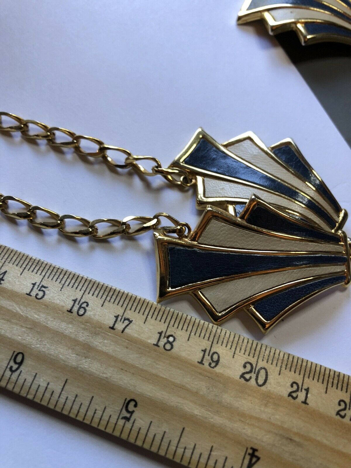 Vintage Blue And White Striped Gold Tone Necklace And Clip On Earring Set