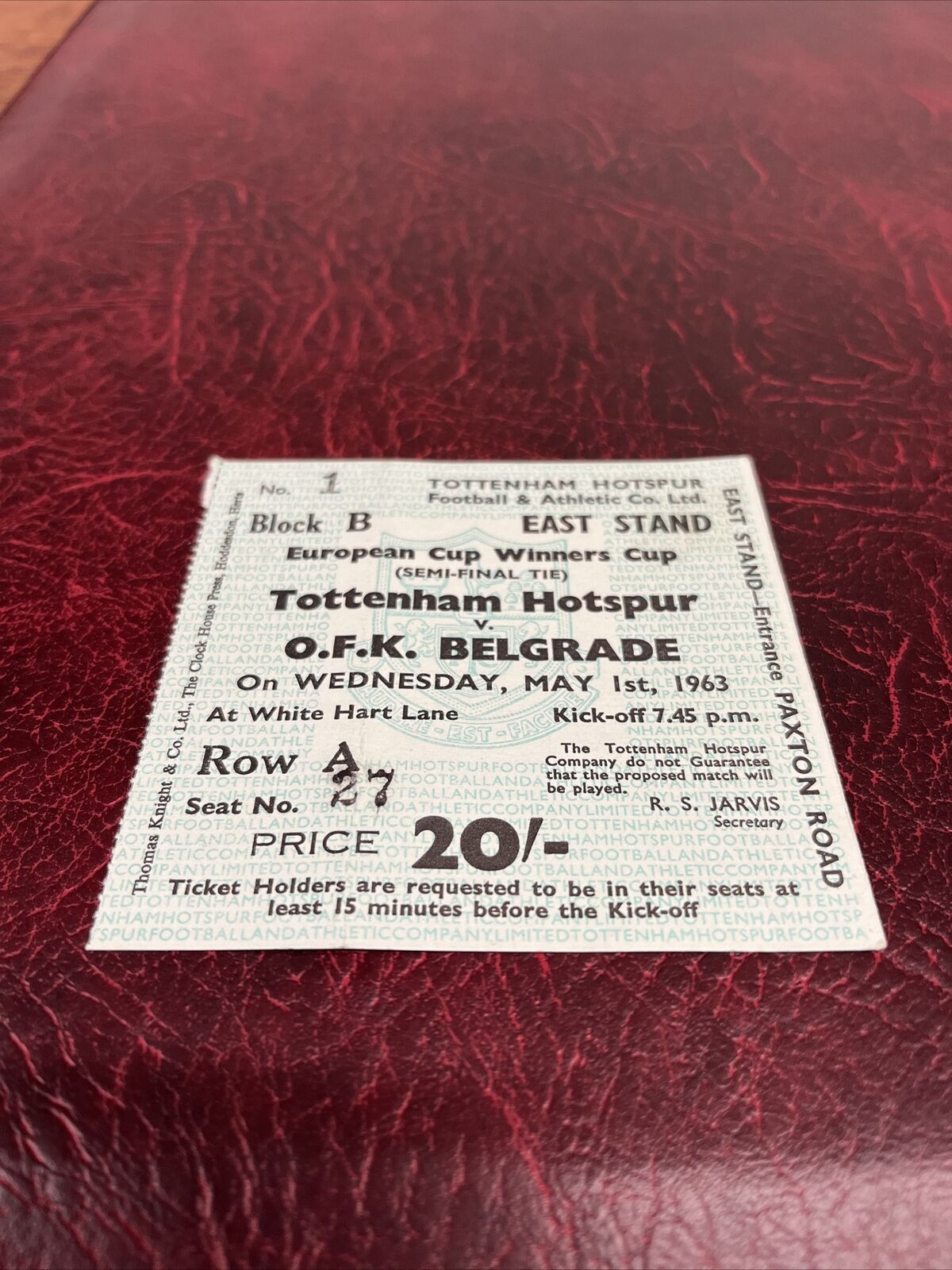 Tottenham Hotspur V O F K Belgrade Semi Final European Cup Ticket