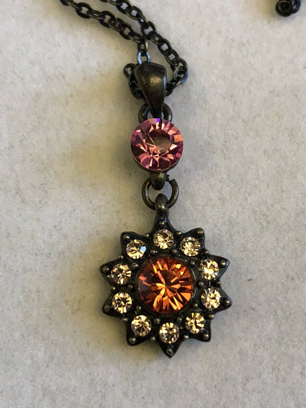 Vintage Flower Diamanté Pink Orange Drop Necklace