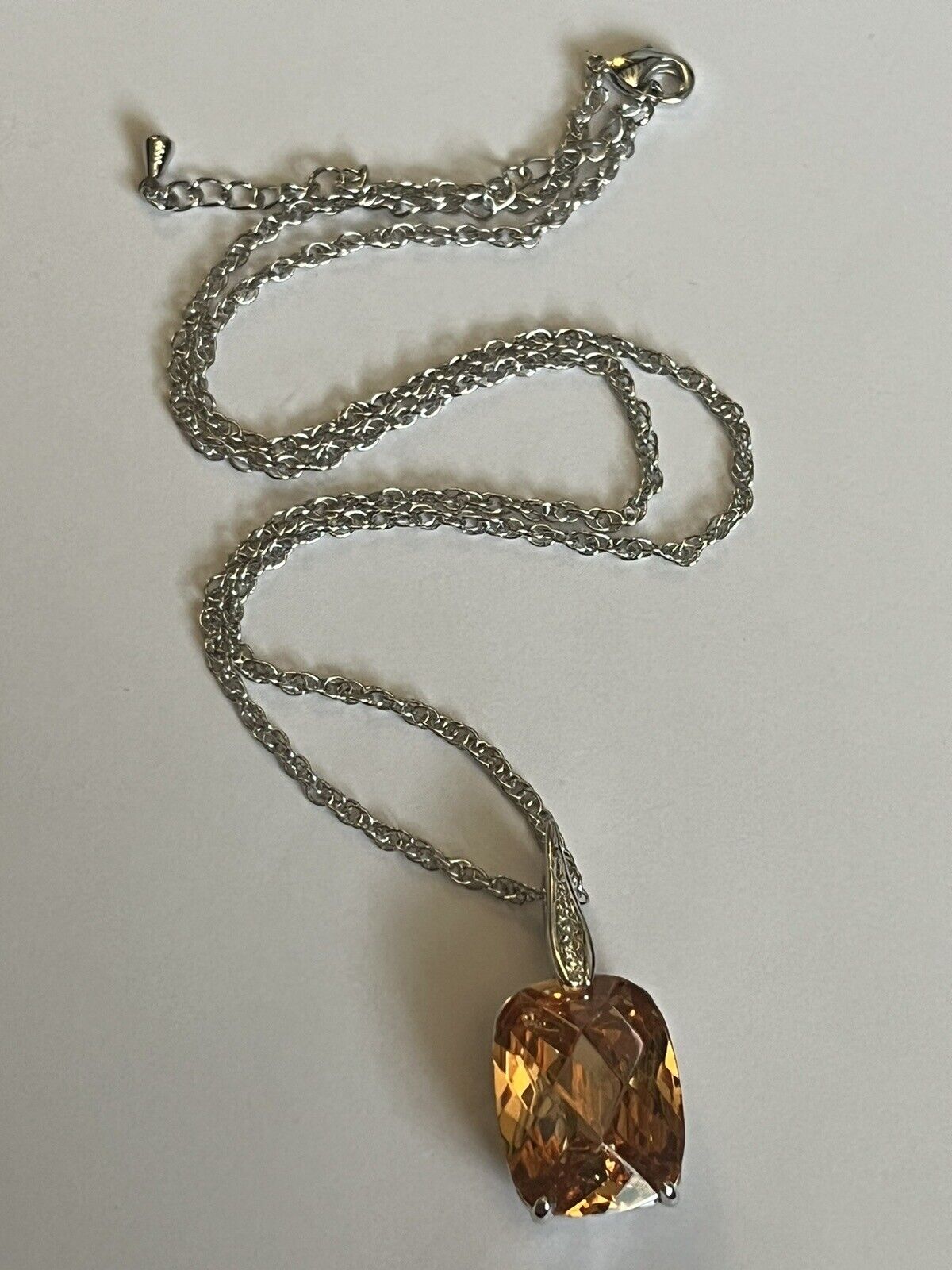 Vintage 1980s Rhodium Plated Solitaire Orange Crystal Necklace New Old Stock