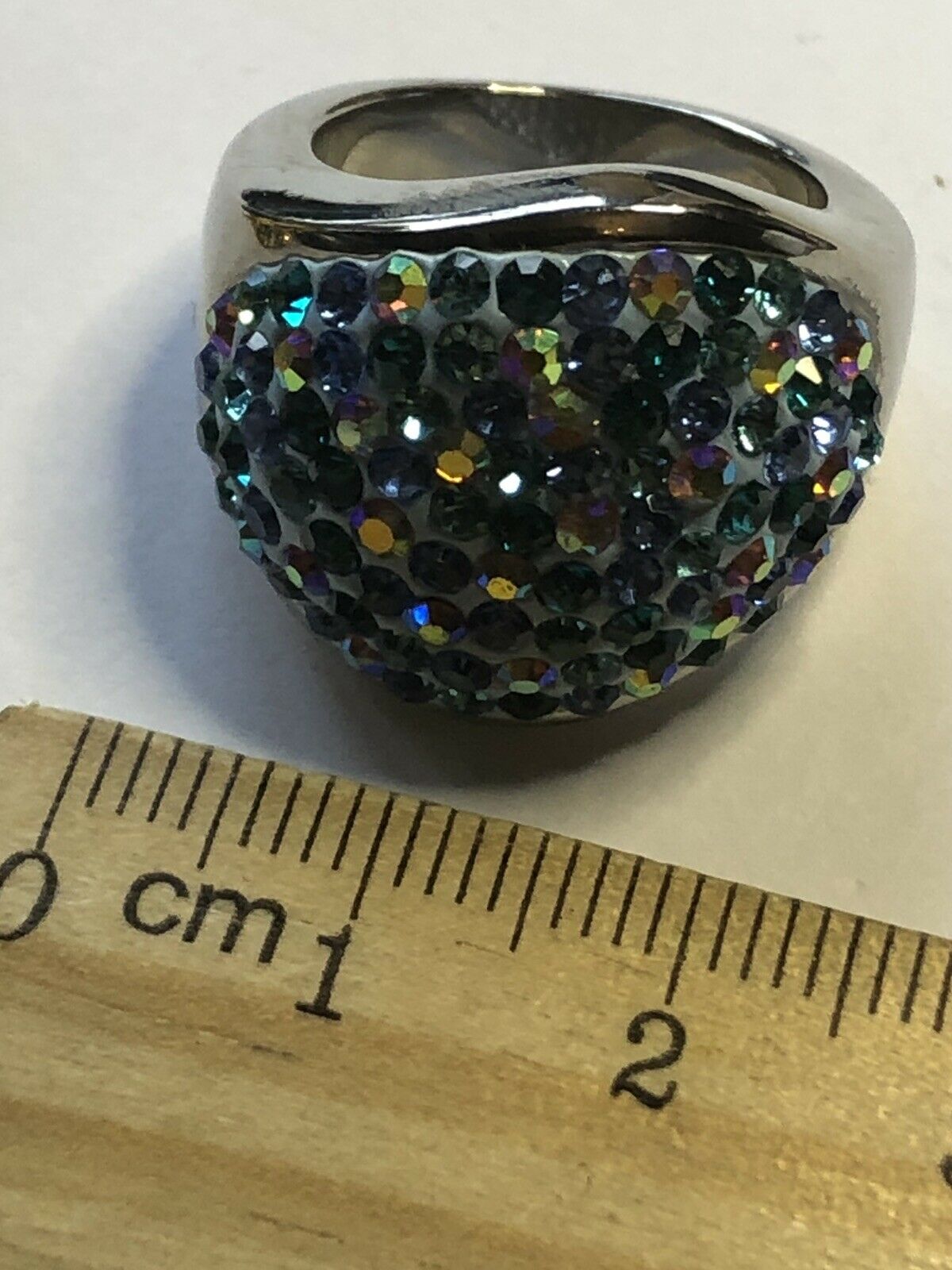 Vintage Rhodium Plated Blue Green Multicolour CZ Statement Ring