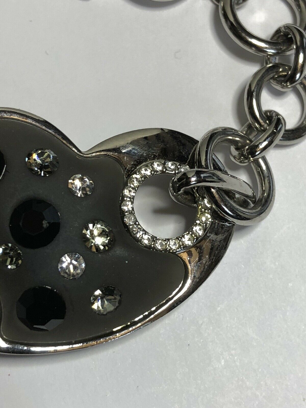 Vintage Silver Tone Glass Heart Diamanté Toggle Bracelet