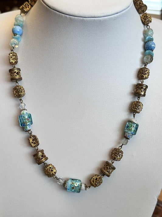 Vintage Turquoise Foil Back Metal Beaded Necklace