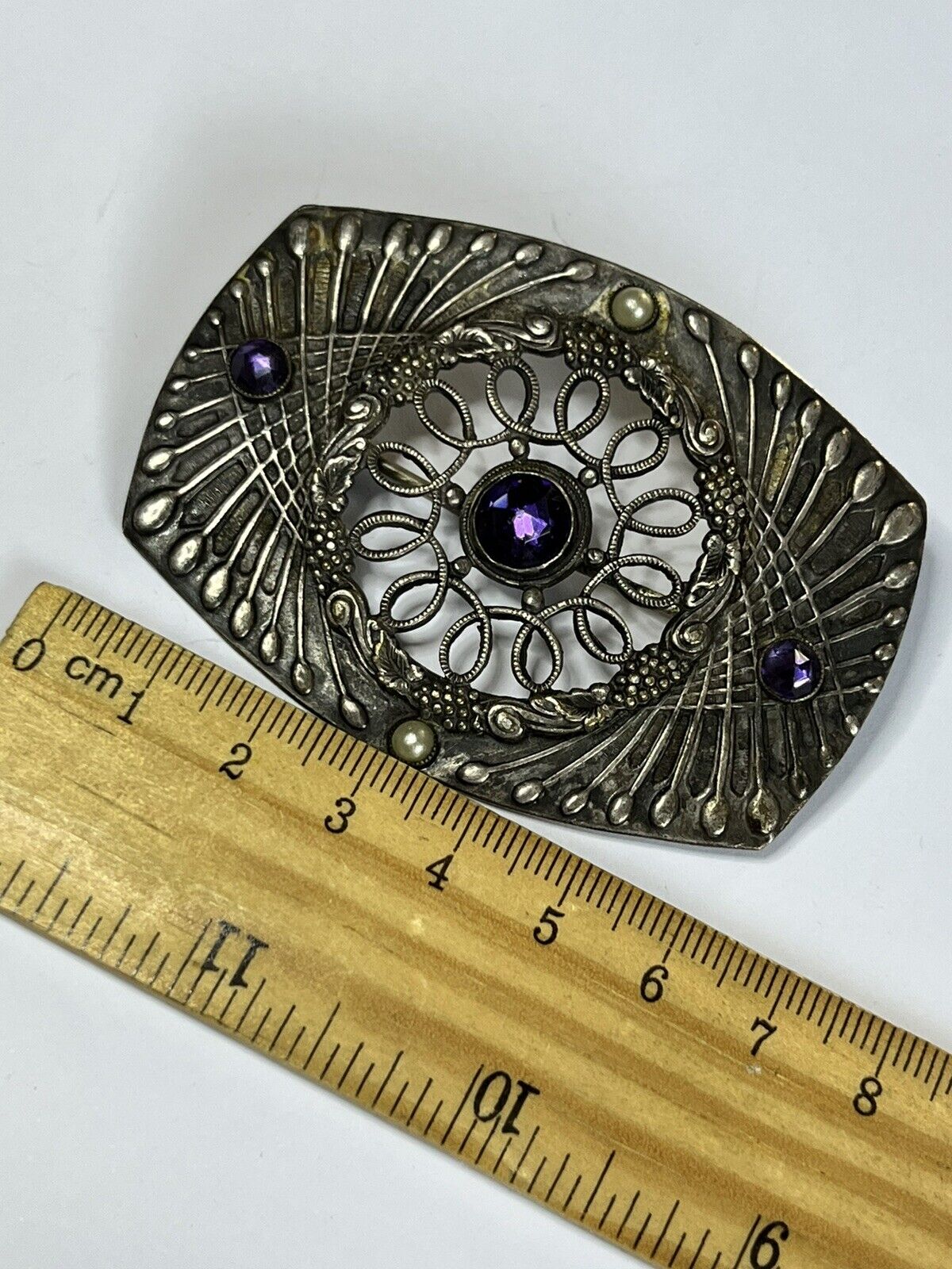 Vintage Silver Tone Purple Stone Faux Pearl Brooch