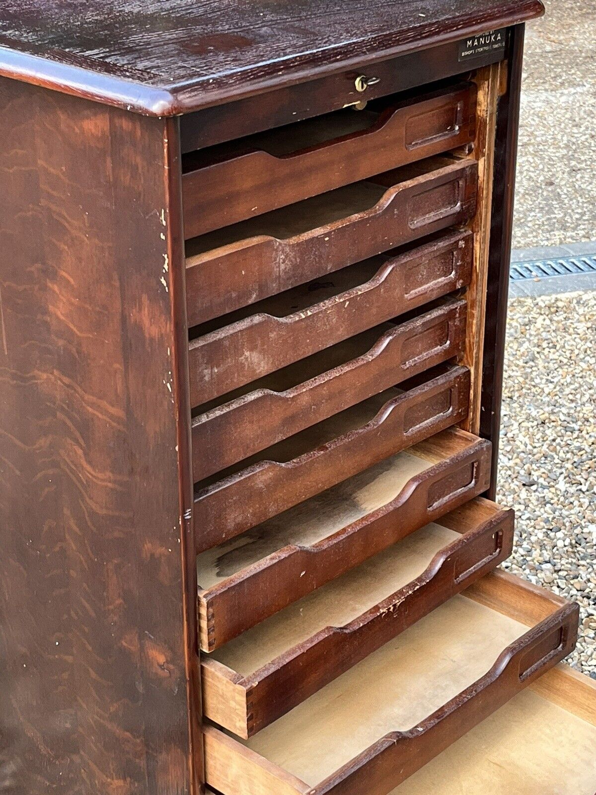Filing Cabinet. Collectors Cabinet. With 9 Drawers And Tambour Roll Front.