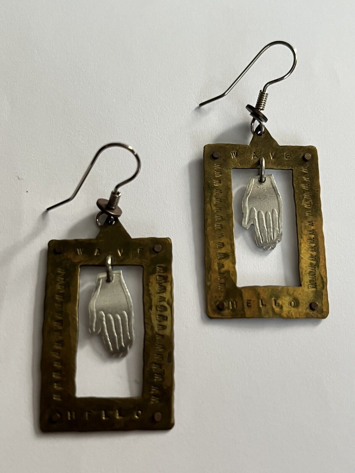 Vintage Copper Silver Tone Hand Wave Dangle Earrings