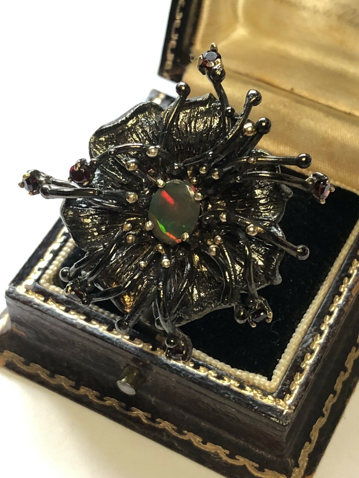Vintage Gunmetal Silver 925 CZ and Black Opal Detailed Flower Ring Size N