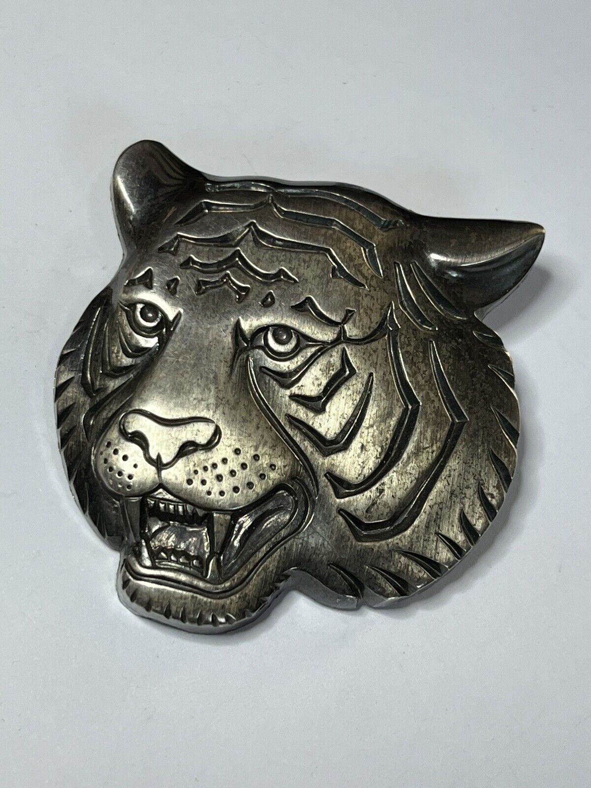 Vintage Large Statement Silver Tone Tiger Brooch