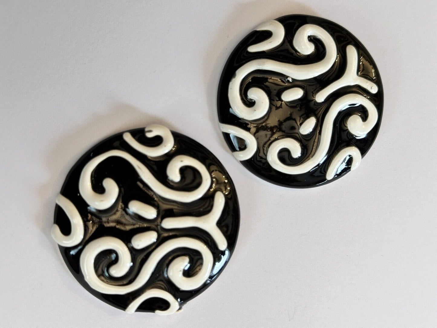 Vintage 1980s Black White Enamel On Metal Large Clip On Earrings