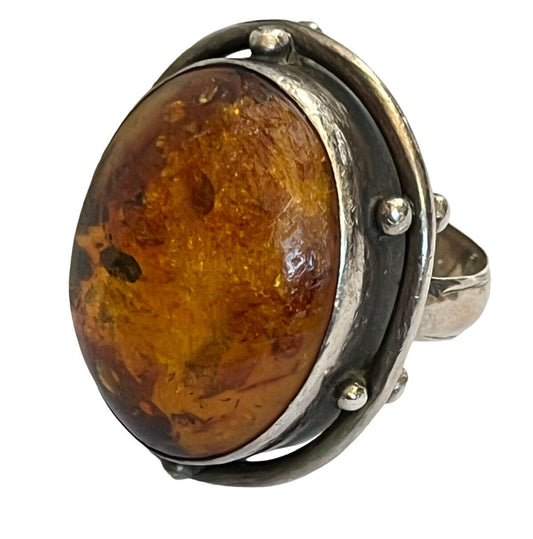 Vintage Designer Andrzej Pacak Silver 925 Baltic Amber Statement Ring