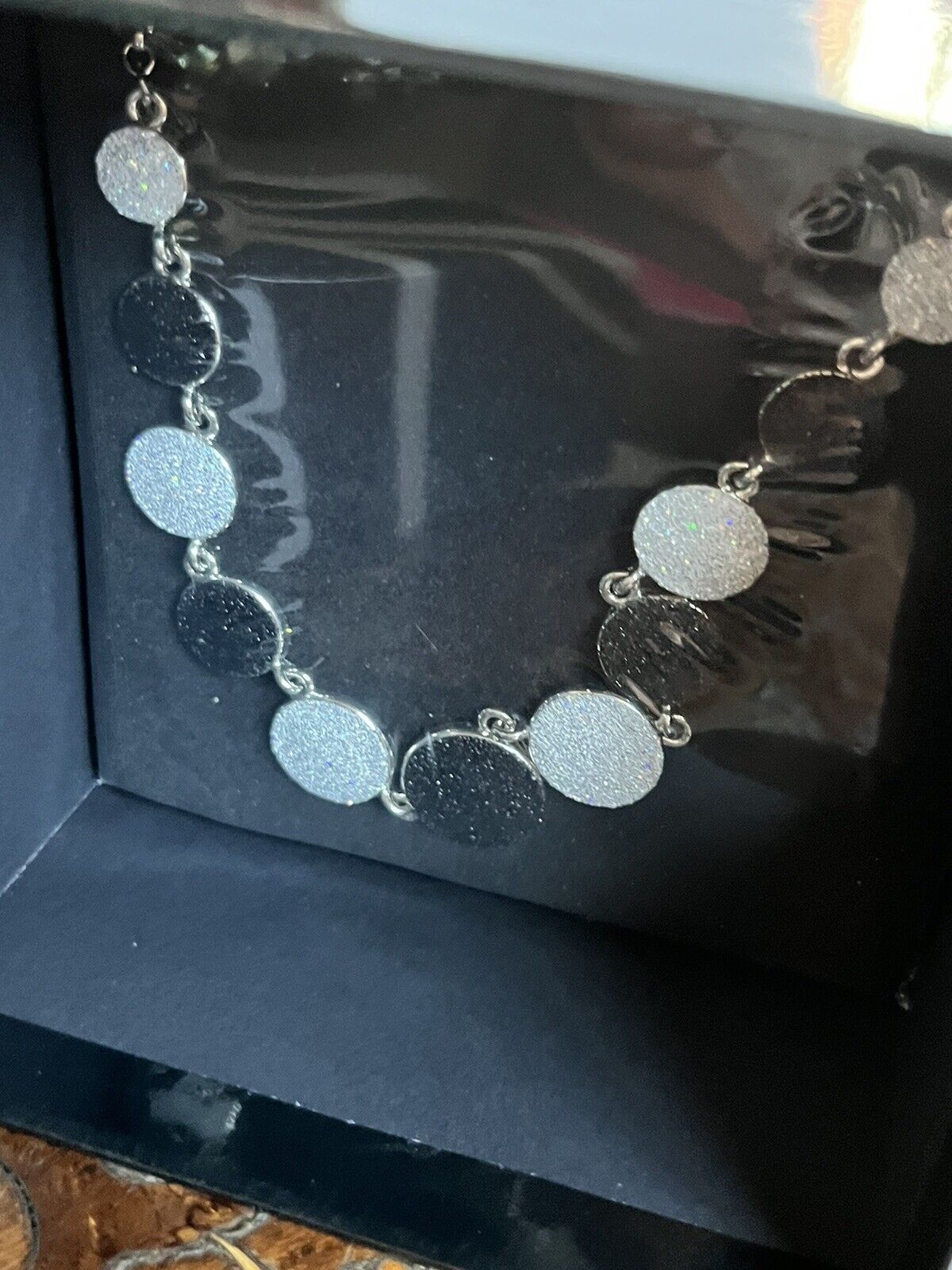 Vintage Butler And Wilson Silver Tone Black Disk Necklace New In Box