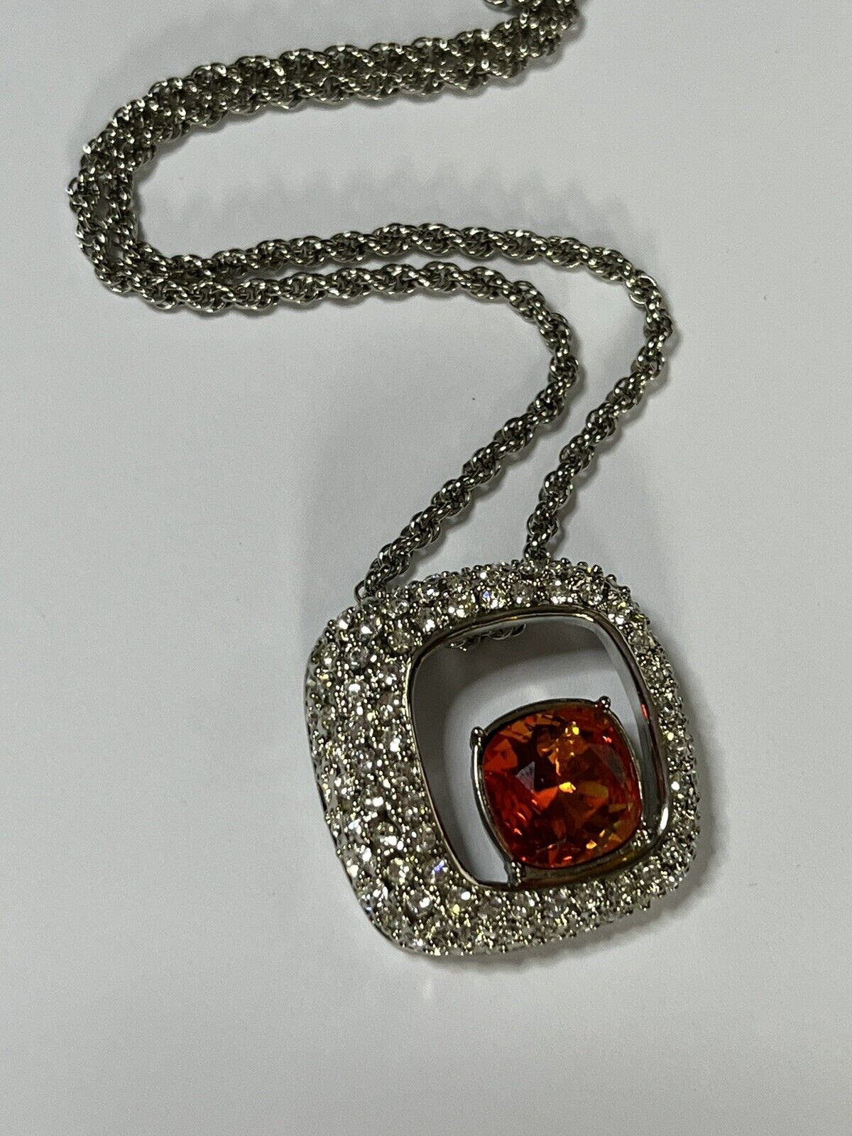 Vintage Signed 1980s Rhodium Plated Burnt Red Crystal Pendant Necklace