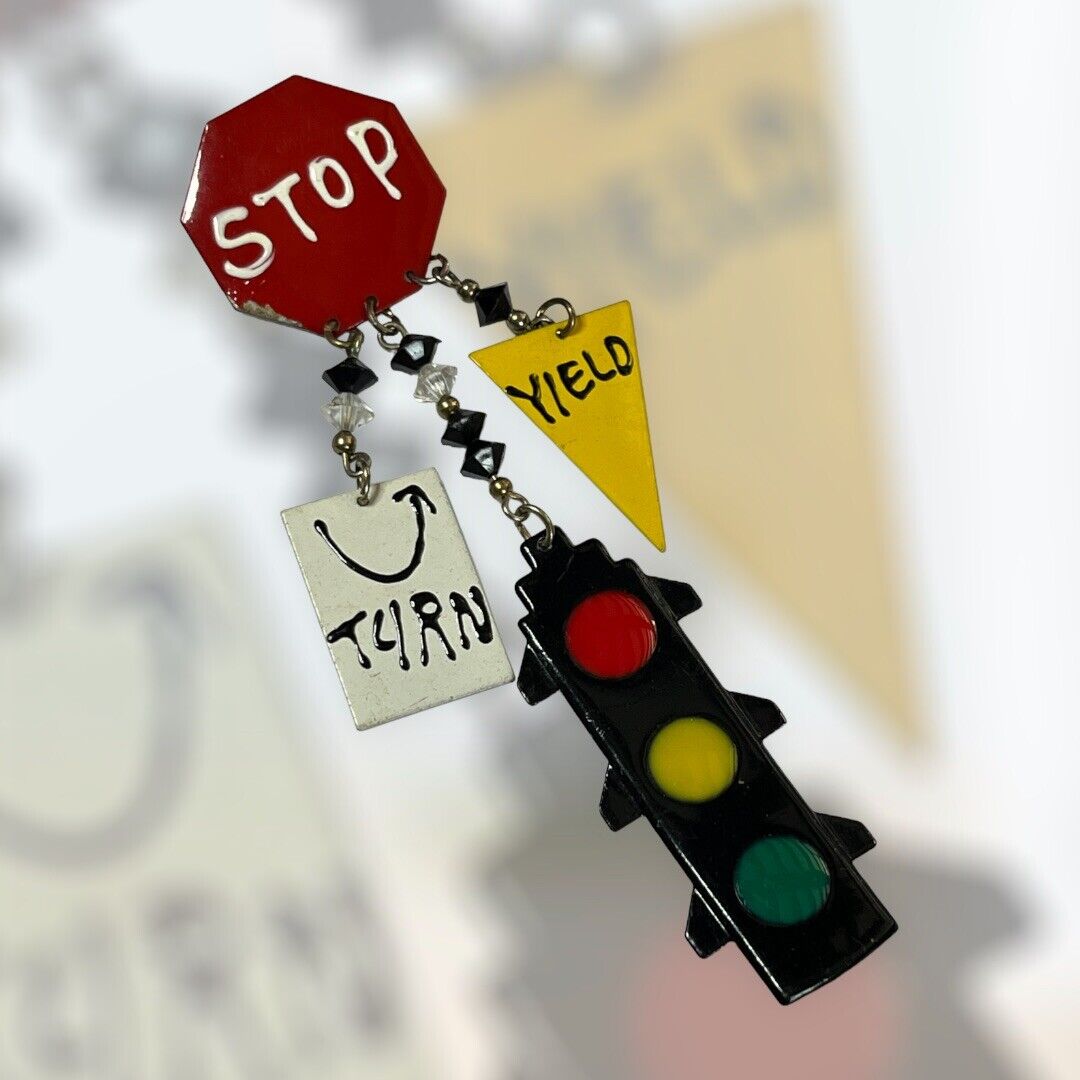 Vintage Metal Enamel Traffic Lights Statement Brooch