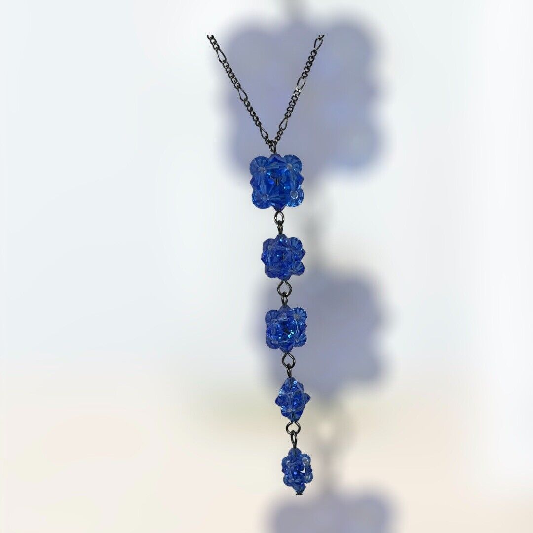 Vintage Silver Tone Blue Beaded Drops Necklace