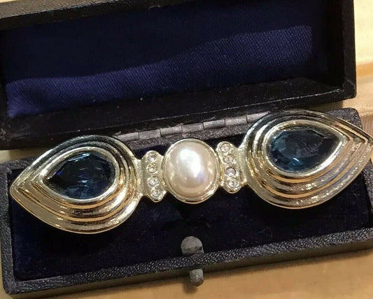 Vintage Faux Pearl Blue Diamanté Statement Brooch Designer