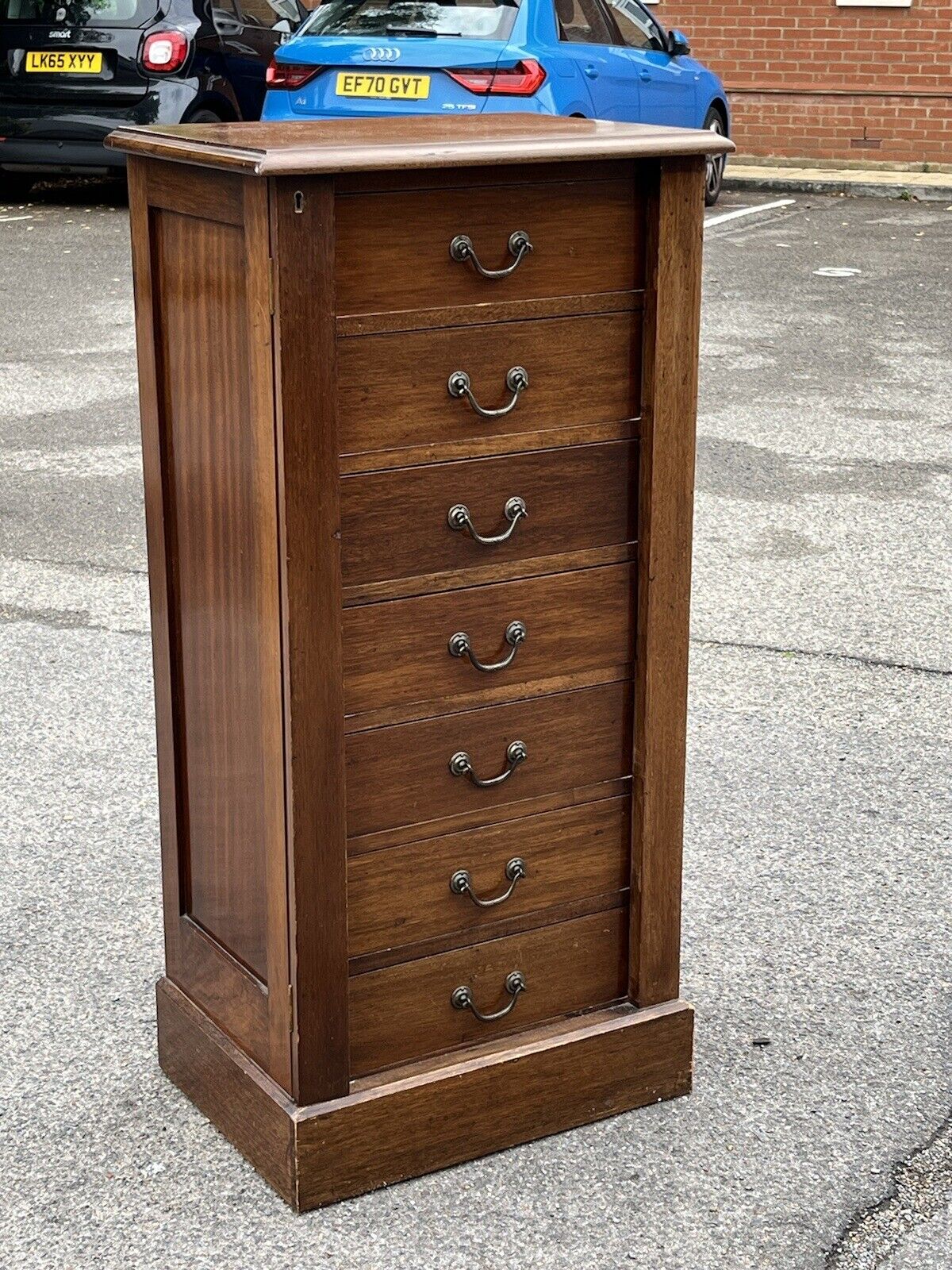 English Edwardian Mahogany Wellington Chest. With Working Lock & Key.