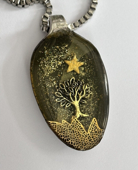 Vintage Spoon Filled Resin Tree Star  Pendant Necklace