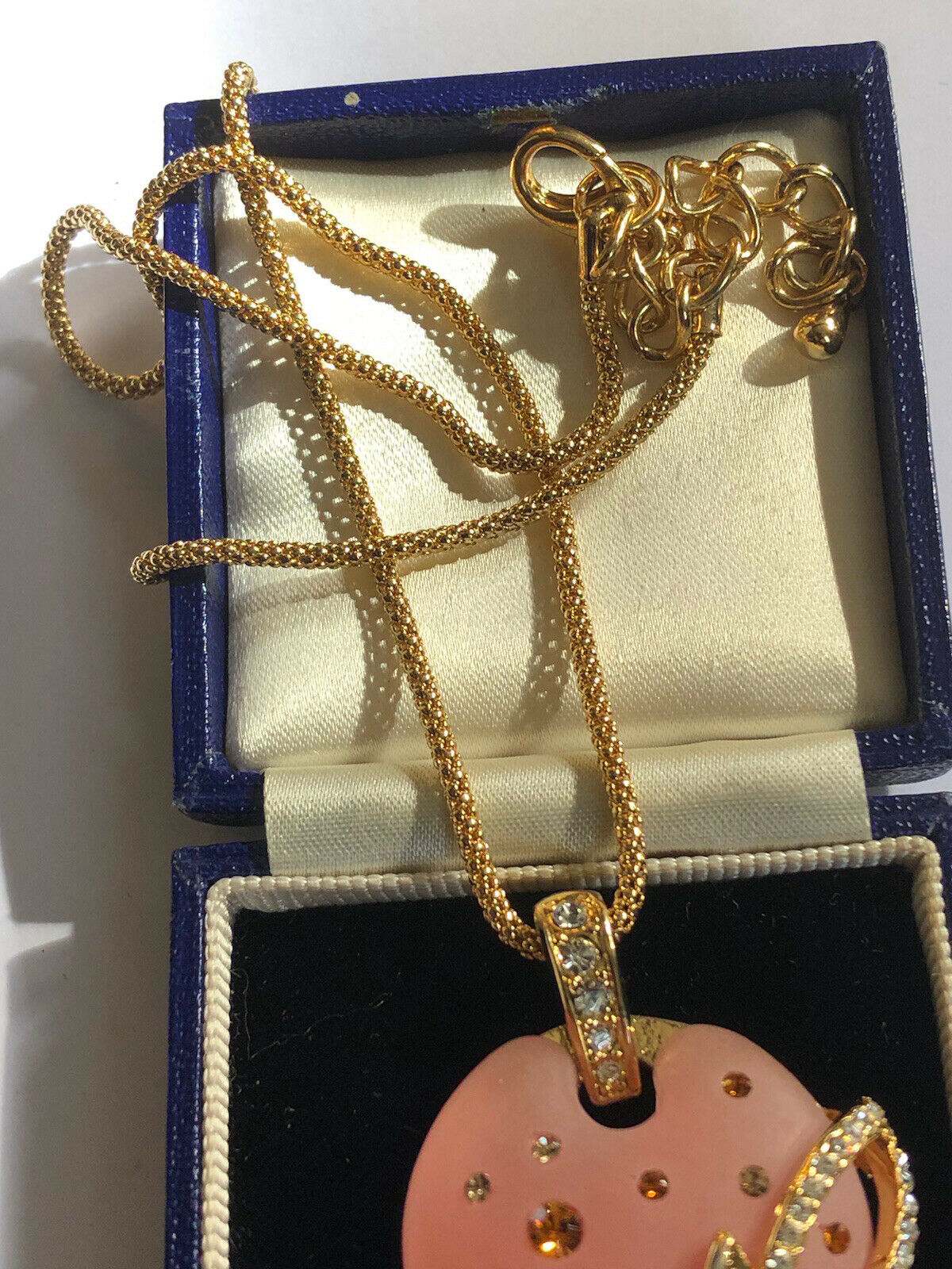 Vintage 1980s Gold Tone Peach Diamanté Pendant Necklace