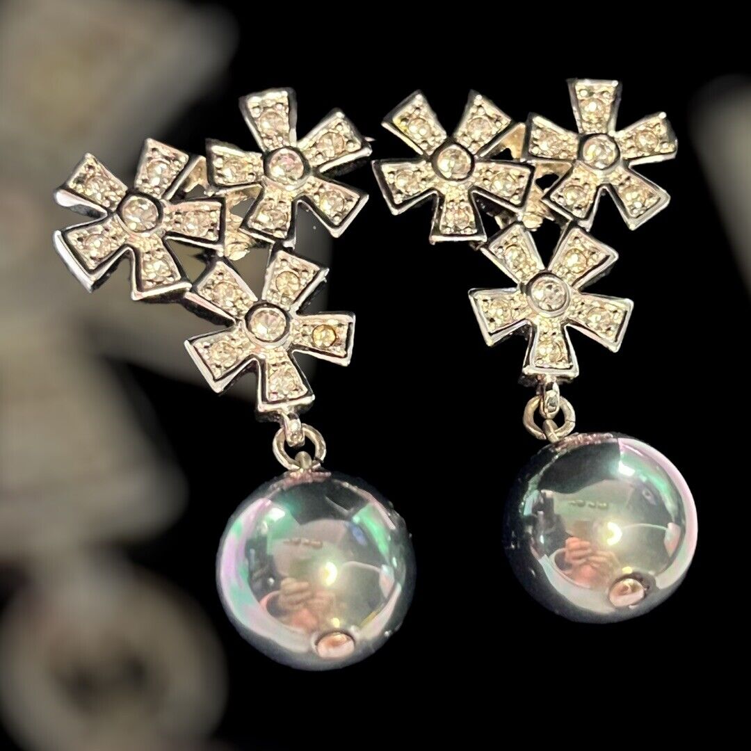 Vintage 1980s Rhodium Plated Crystal Flowers Drop Earrings New Old Stock Boxed
