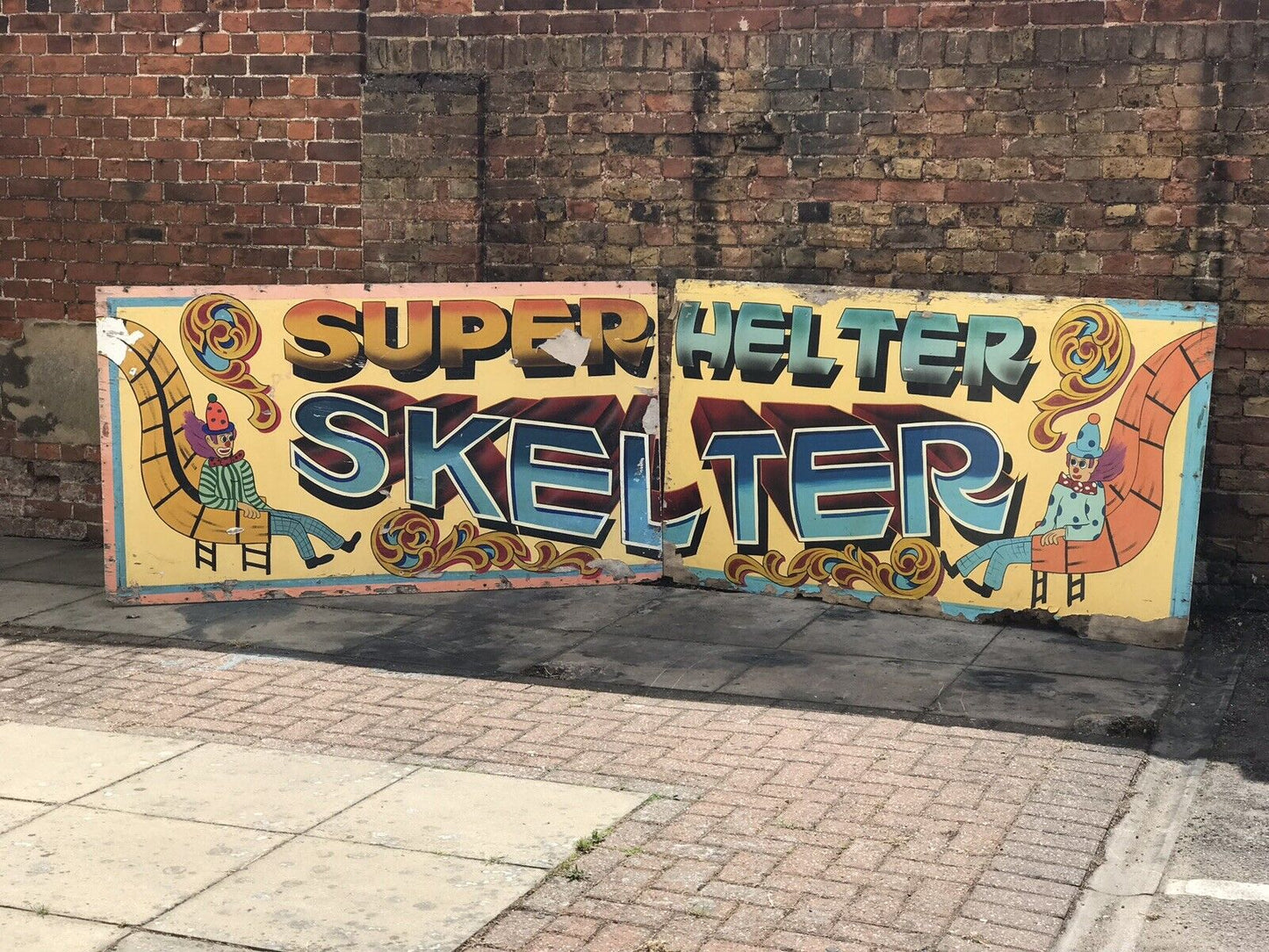Original 1970's LARGE Fairground Helter Skelter Painted Wooden Sign