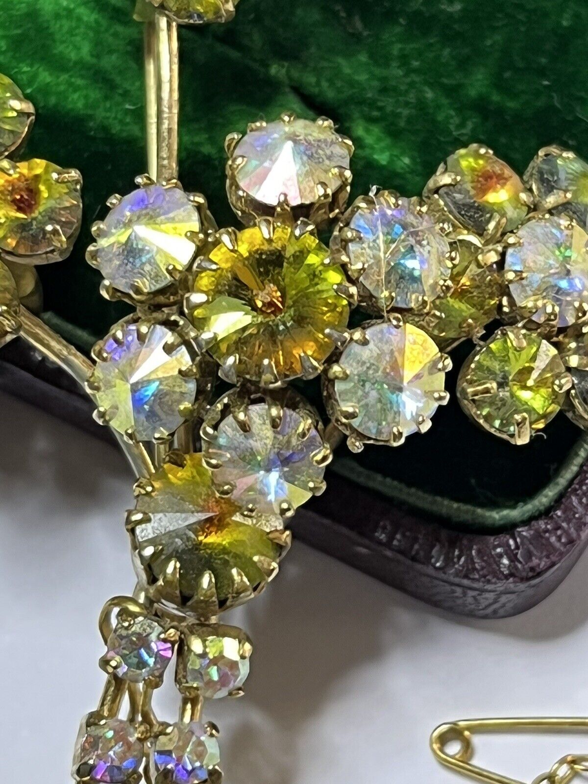 Vintage Aurora Borealis Flower Spray Brooch Safety Chain
