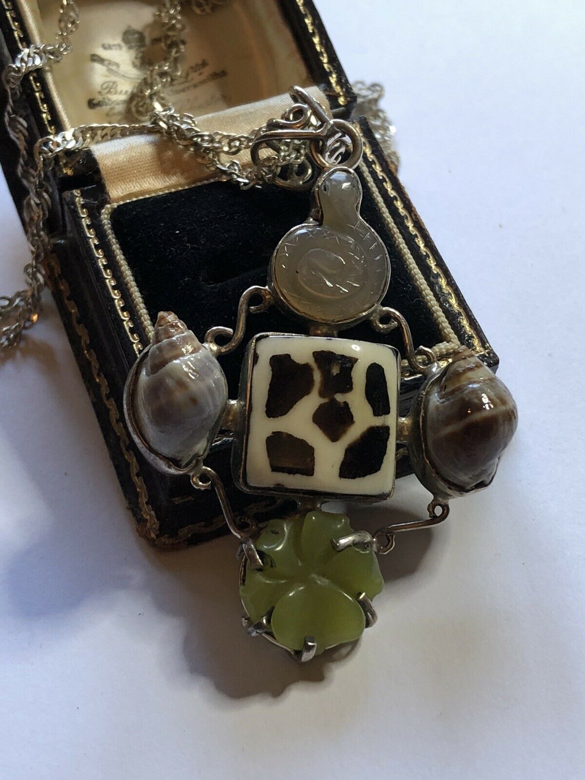 Vintage Silver 925 Natural Stone Shell Snake Flower Necklace
