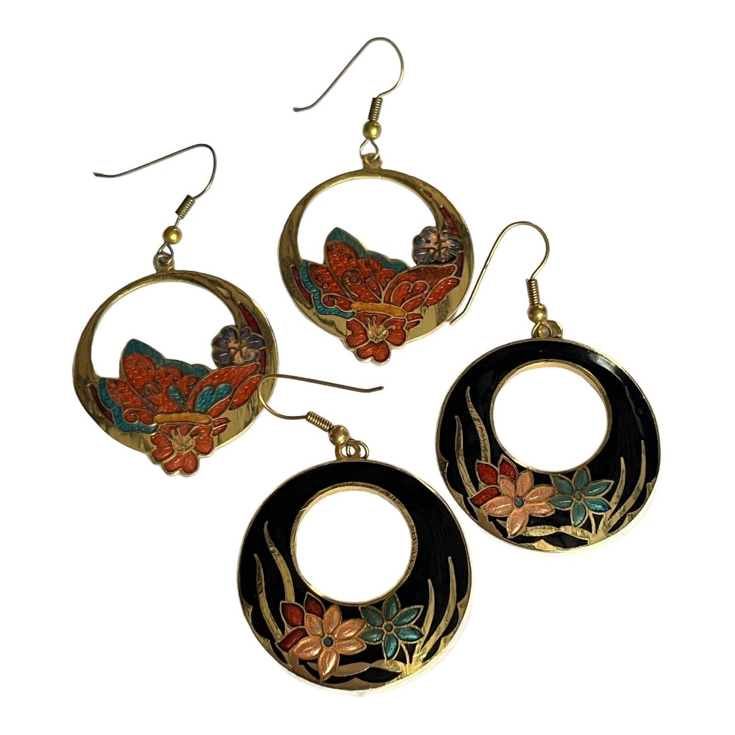 Vintage Enamel Hoop Drop Earrings Set Of Two