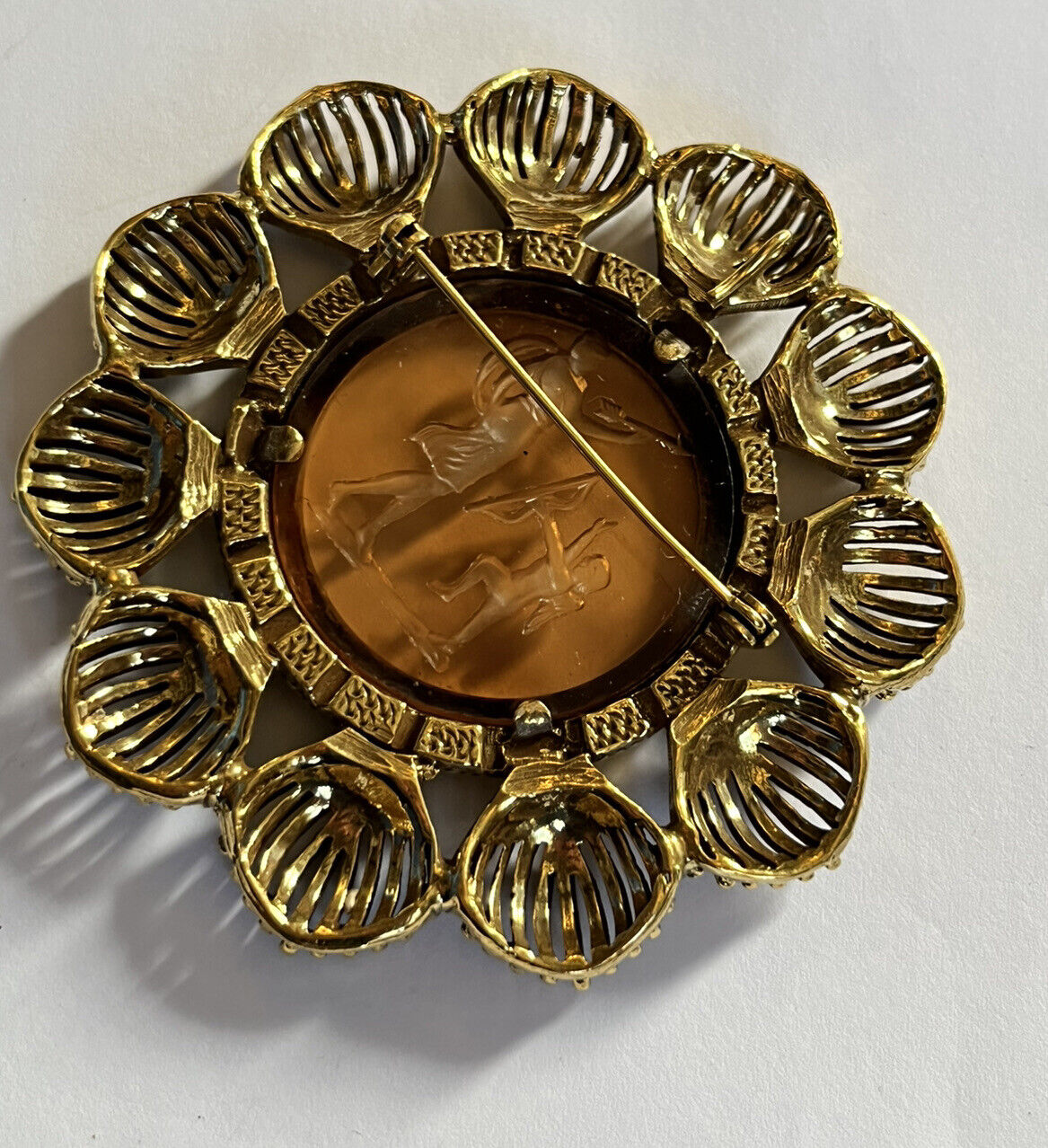 Vintage Gold Plated Etched Glass Pendant Brooch 18K Plated Chain
