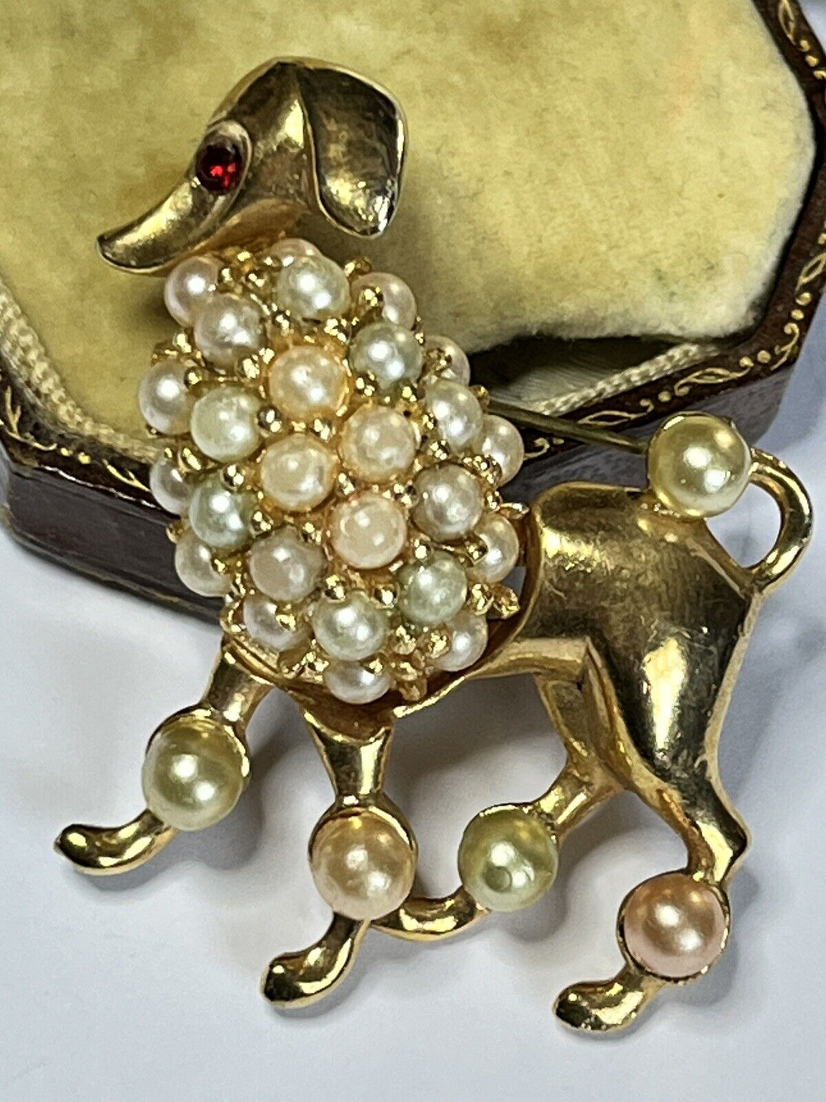 Vintage Gold Tone Faux Pearl Poodle Brooch